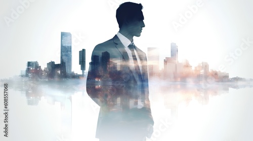 A layered image of a businessman, urban cityscape, and green foliage elements. The sustainable development and green investing concept in a modern, eco-conscious business world. Generative AI