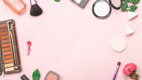 Makeup and cosmetic beauty products arranged on a color background. Flat lay. Beauty concept. copy space