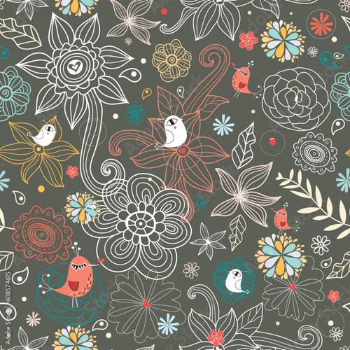 seamless bright floral pattern with birds on a brown background