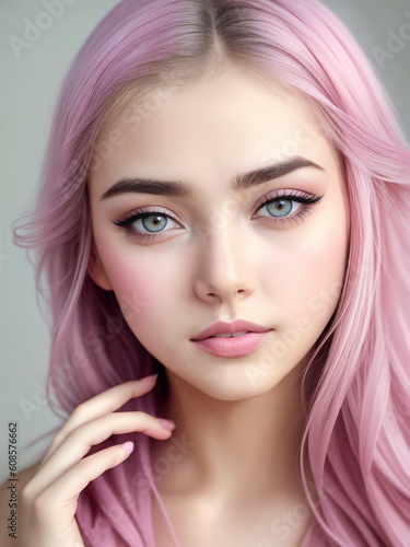 Portrait of a lovely young woman in pastel pink colors.Digital creative designer art.AI illustration