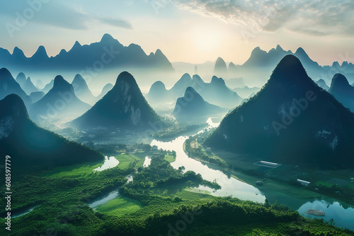 The natural landscape of the mountains and water in Guilin, China