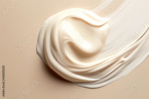 White cosmetic cream texture, skincare lotion swatch on beige background. Face creme, body moisturiser, hair conditioner smear smudge stroke. Creamy beauty product closeup. Generative AI