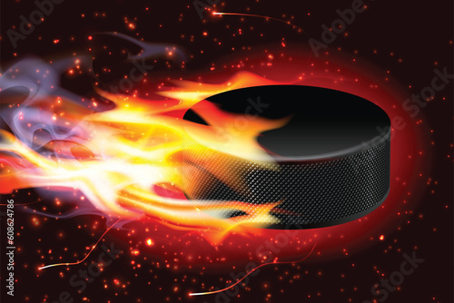 Detailed illustration of a hockey puck flying through the air on fire.
