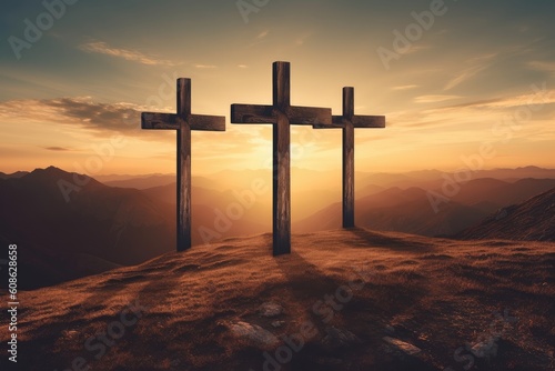 Three wooden crosses on hill at sunset background. Death and resurrection of Jesus Christ. Easter concept. Generative AI