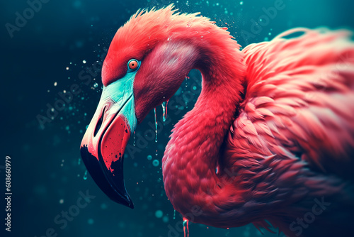 Portrait of brilliant pink flamingo with thick downward curving bill and long neck in the splashes of water. Generative AI