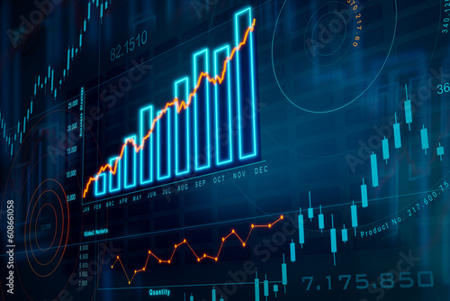 Bar graph moving up. Positive bar chart in blue, rising line in orange. Business, financial figures, analyzing, growth, market research, stock market and exchange. Abstract financial concept.