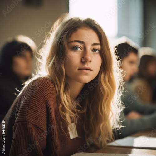 Portrait of caucasian female student in classroom, created using generative ai technology