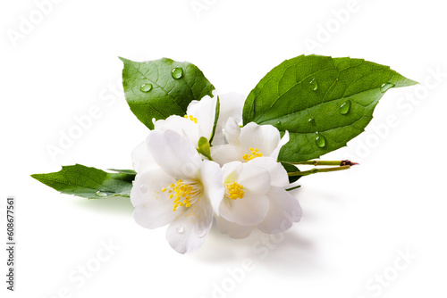 Fresh green organic jasmine flower isolated on white background. Transparent background and natural transparent shadow; Ingredient, spice for cooking. collection for design