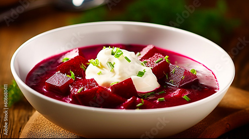 Polish botwinka, a soup from young red beets. AI generativ.