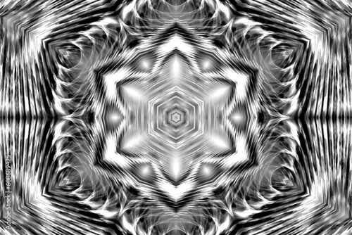 Kalejdoskop, geometryczny układ w biało czarnej kolorystyce z gwiazdą w centrum, Art Design, świetliste abstrakcjonistyczne tło