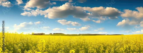 Beautiful panorama of a flowering rapeseed field Against the background of a blurred blue sky with clouds