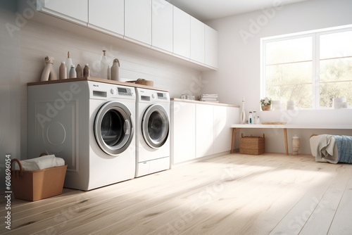 A neatly organized laundry room with a row of washing machines and dryers, clean simple background, 