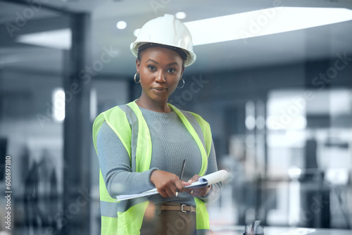 Architect, portrait and checklist for construction or building inspection, survey and checking logistics on project. Black woman, working on clipboard and contractor writing on paper and document