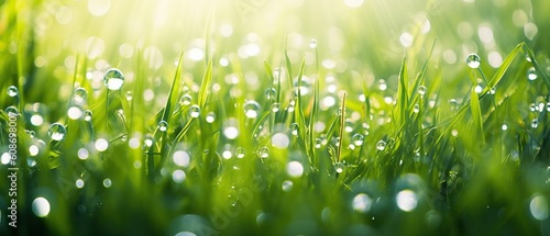 Natural defocused background. Green juicy grass in drops of morning dew sparkles in rays of sunlight. Nice round bokeh