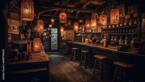 Rustic elegance illuminates ancient bar with modern lighting equipment and wine generated by AI