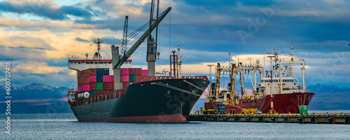 Cargo ships at ushuaia port, argentina