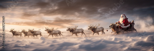 A santa claus riding in a sleigh pulled by reindeers. Generative AI.