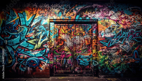 Abstract graffiti mural in old building feature in chaotic city street generated by AI