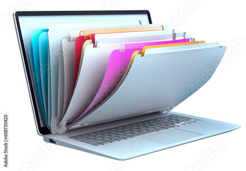 File folder on laptop screen on PNG transparent background, data storage concept. Generative AI