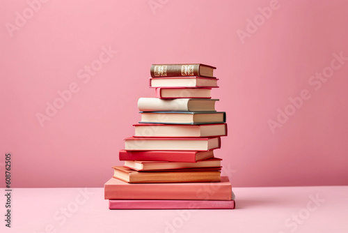 big pile of books, isolated on a pink background, created with generative ai