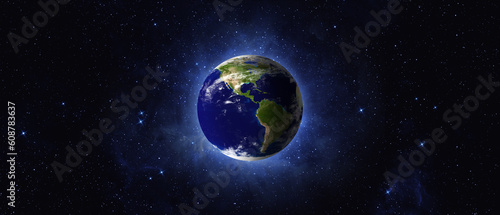 Earth and galaxy. Panoramic view of the Earth, North and South America from space. Concept of Earth Day. Elements of this image furnished by NASA.