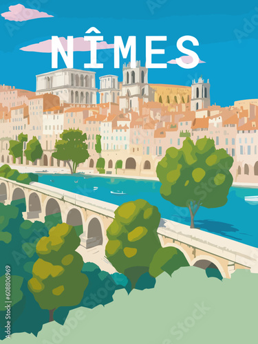 Nîmes: Retro tourism poster with a French landscape and the headline Nîmes / Occitanie