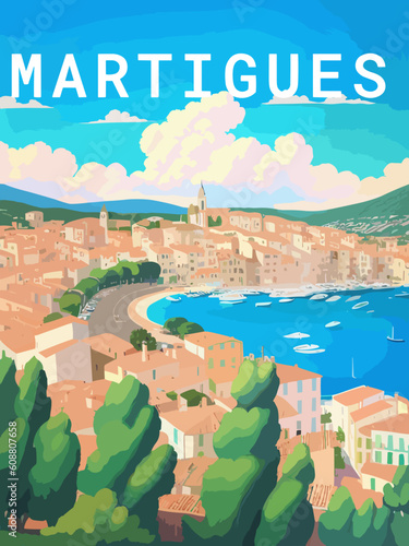 Martigues: Retro tourism poster with a French landscape and the headline Martigues / Provence-Alpes-Côte d’Azur