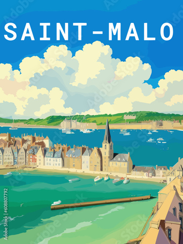 Saint-Malo: Retro tourism poster with a French landscape and the headline Saint-Malo / Bretagne