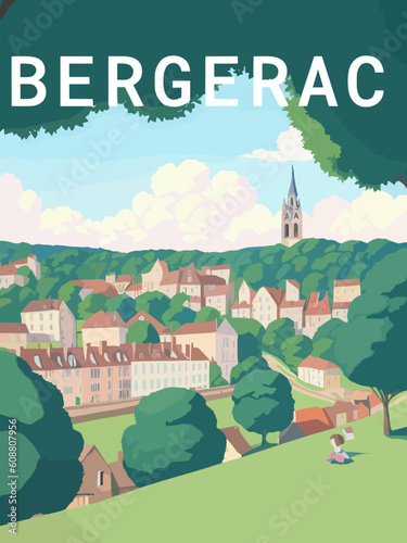 Bergerac: Retro tourism poster with a French landscape and the headline Bergerac / Nouvelle-Aquitaine