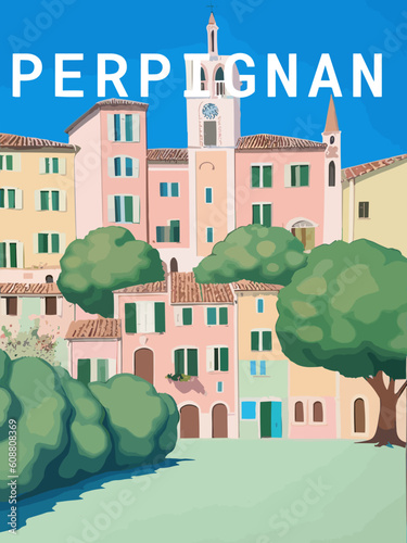 Perpignan: Retro tourism poster with a French landscape and the headline Perpignan / Occitanie