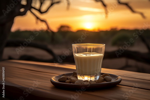 shot of cream liqueur on wooden table sunset stone decorations