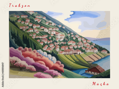 Maçka: Postcard design with a scene in Turkey and the city name Maçka