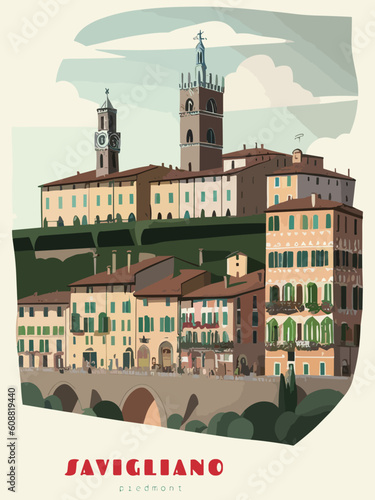Savigliano: Beautiful vintage-styled poster of with a city and the name Savigliano in Piedmont