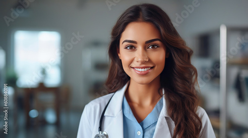 Cheerful Woman Doctor Poses with Confidence in White Coat and Stethoscope. Generative AI