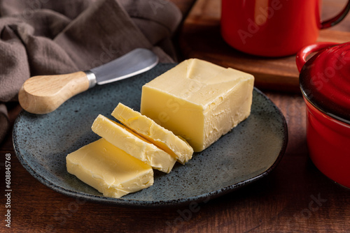 Fresh butter from the farm on the table. Butter tablet.