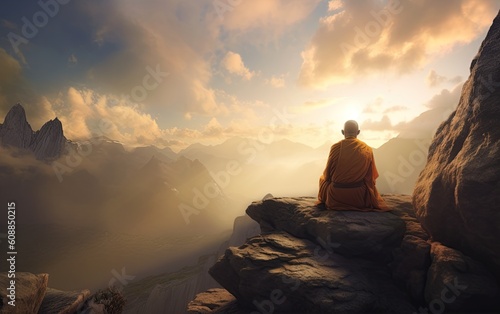 Buddhist monk meditating at the top of the mountain at sunrise. Generative Ai illustration