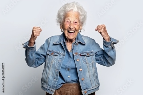 Medium shot portrait photography of a satisfied 100-year-old elderly woman that is wearing a denim jacket against a white background . Generative AI