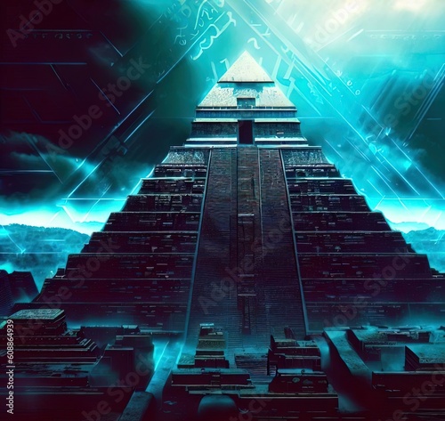 Pyramid ancient structure futuristic neon aztec civilization digital illustration. Generative AI