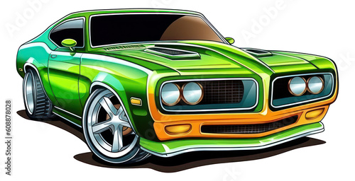 Classic green American muscle car cartoon isolated Illustration. Generative AI.