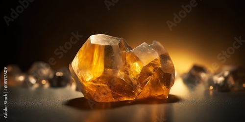 Citrine crystal gemstone close up wallpaper, illustration for product presentation template, copy space dark background. Ai generative
