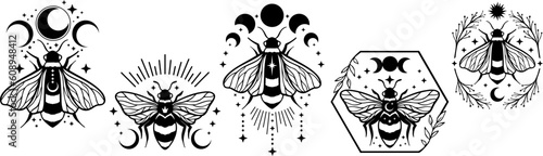 queen bee logo design with stars, moon and flower elements. Collection of magic bumblebee with moon. Bee kind. Logo Design with bee. Vector illustration of bee and moon phases