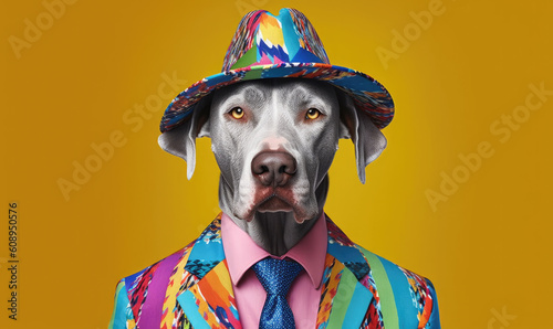 Great Dane wearing a vibrant clothes and hat stands against a backdrop in studio setting.