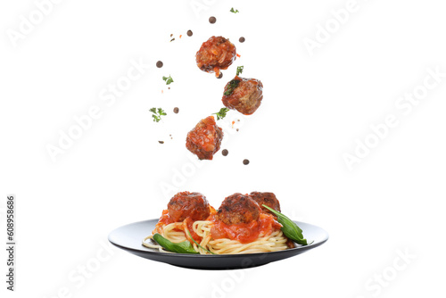 PNG, Concept of delicious food - pasta with meatballs, isolated on white background