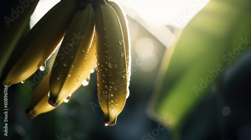 Green banana bunch full of wet bananas with water drops on them and the leaves