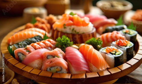 Sushi Set nigiri, rolls and sashimi served in traditional Japan black Sushioke round plate. On dark background