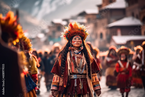 A woman dressed in native clothing walking down a street. Generative AI. Qoyllur Rit'i in Cusco, Peru.