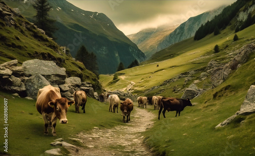 some cows near the side of a path in a mountain valley