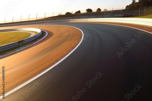 A double turn of the motorsport asphalt race track presents a challenging section of the course, demanding precise maneuvering and showcasing the thrilling dynamics of high-speed racing action