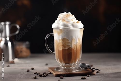 Vienna coffee with whipped cream in transparent glass on dark background. Close up. Generative AI.