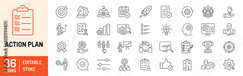 Action plan editable stroke outline icons set. Goal, collaboration, strategy, tasks, action, planning and analysis